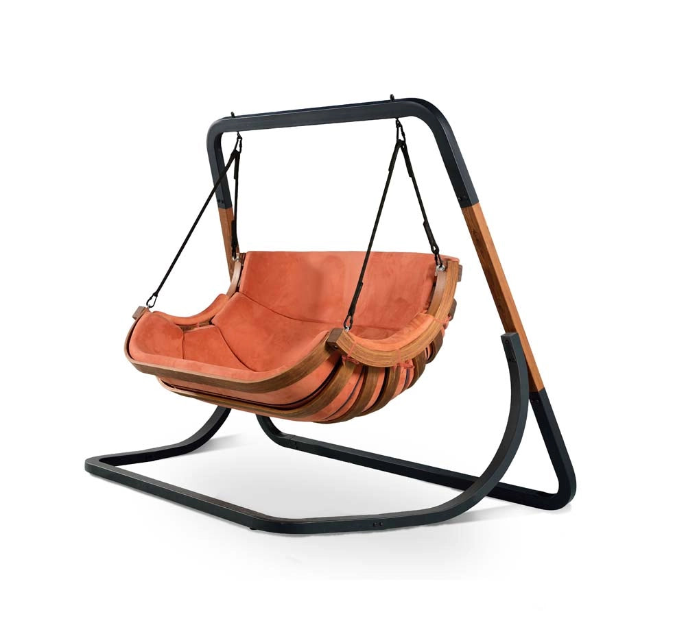 Double Garden Hanging Chair – Curved Siberian Larch Wood Frame with Waterproof Cushions – For Outdoor Relaxation
