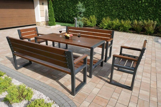 A set of modern garden furniture - 1x table 2x benches with backrests 2x chairs with backrests