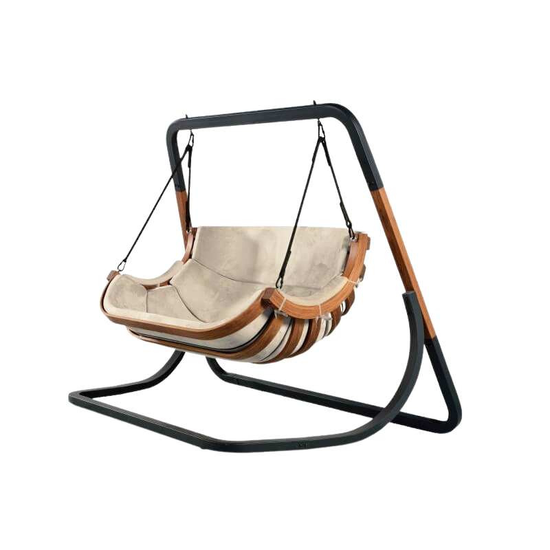 Double Garden Hanging Chair – Curved Siberian Larch Wood Frame with Waterproof Cushions – For Outdoor Relaxation