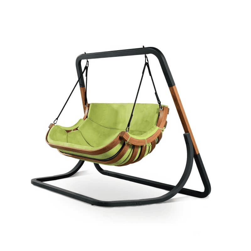 Double Garden Hanging Chair – Curved Siberian Larch Wood Frame with Waterproof Cushions – For Outdoor Relaxation