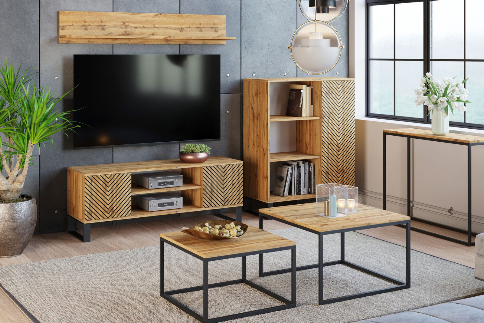 Focus loft RTV cabinet 155 cm - herringbone decor - oak craft