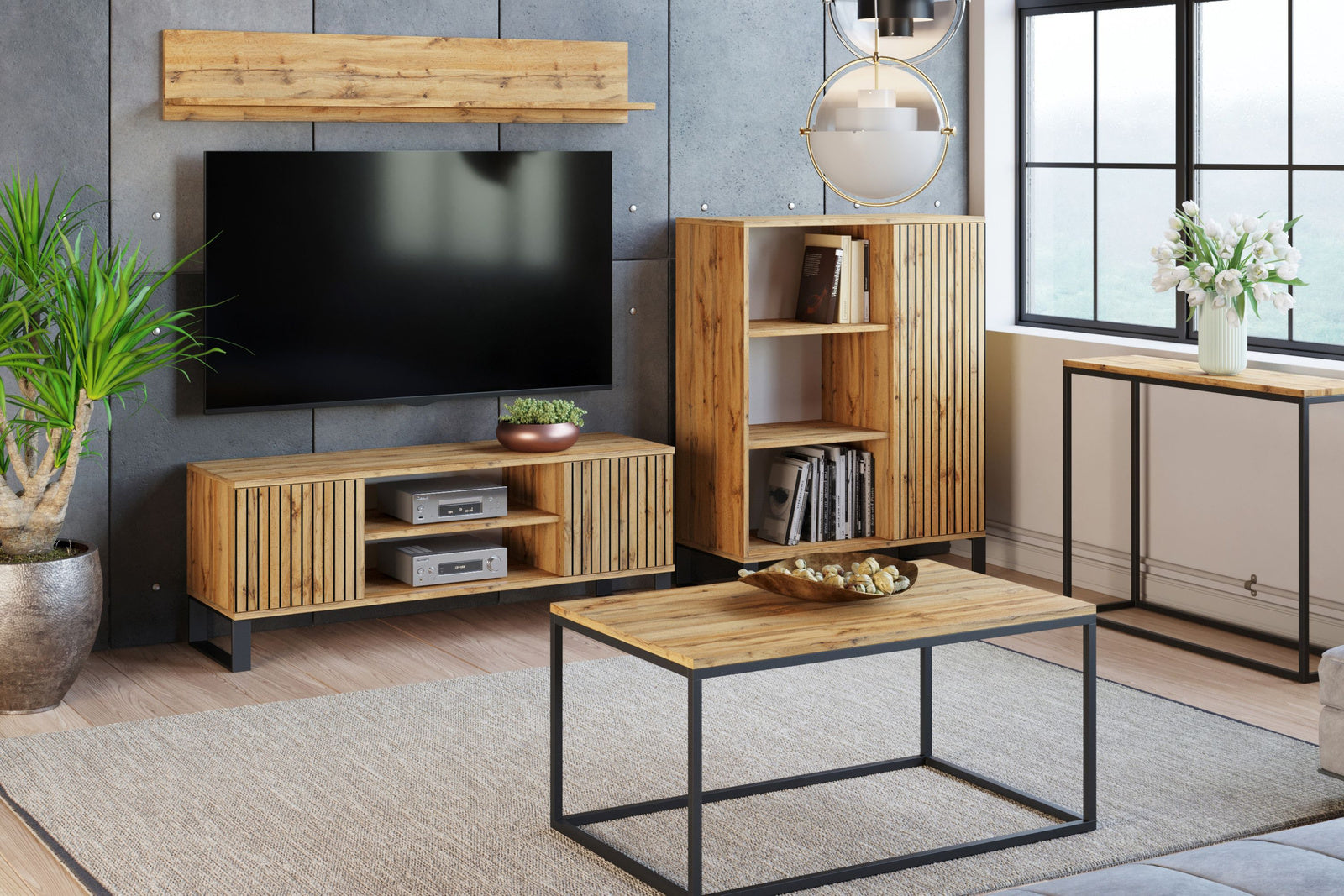 Focus loft RTV cabinet 155 cm - decor oak craft lamellas