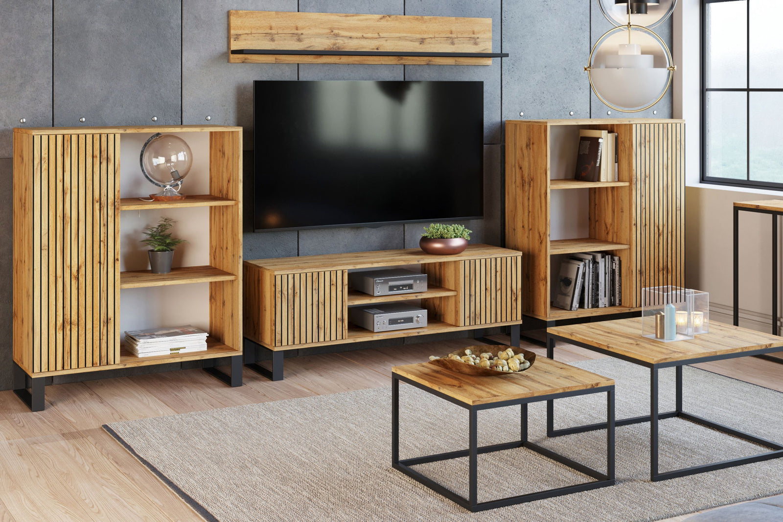 Focus loft RTV cabinet 155 cm - decor oak craft lamellas