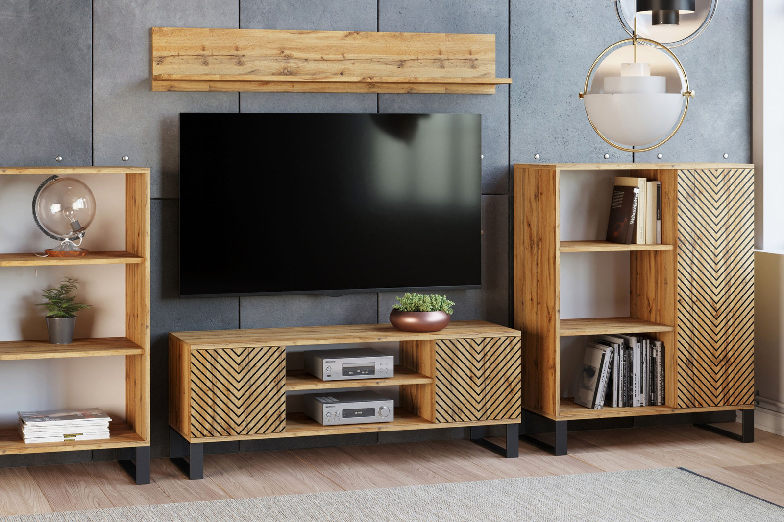 Fondi loft bookcase - herringbone oak craft decor