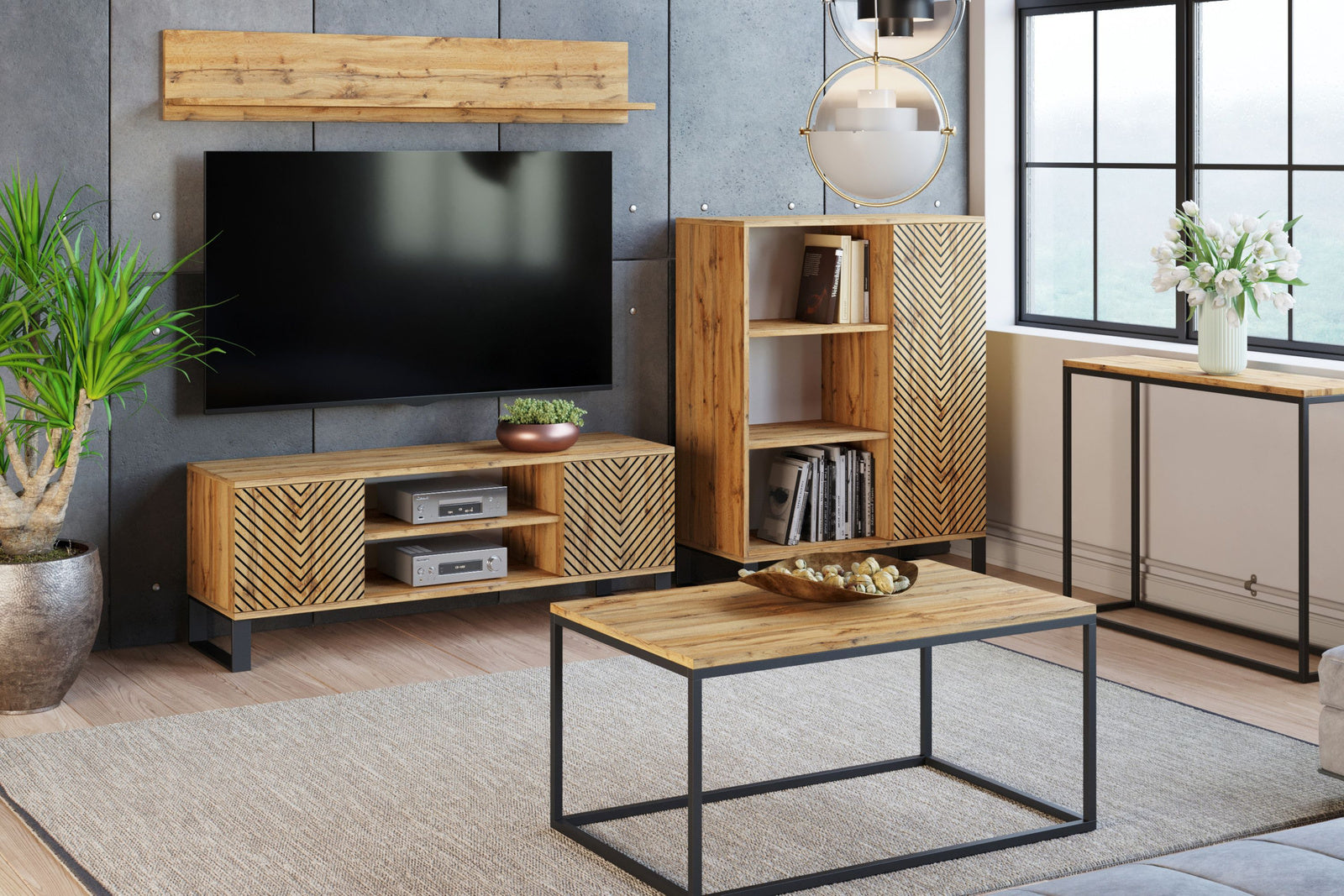 Fondi loft bookcase - herringbone oak craft decor