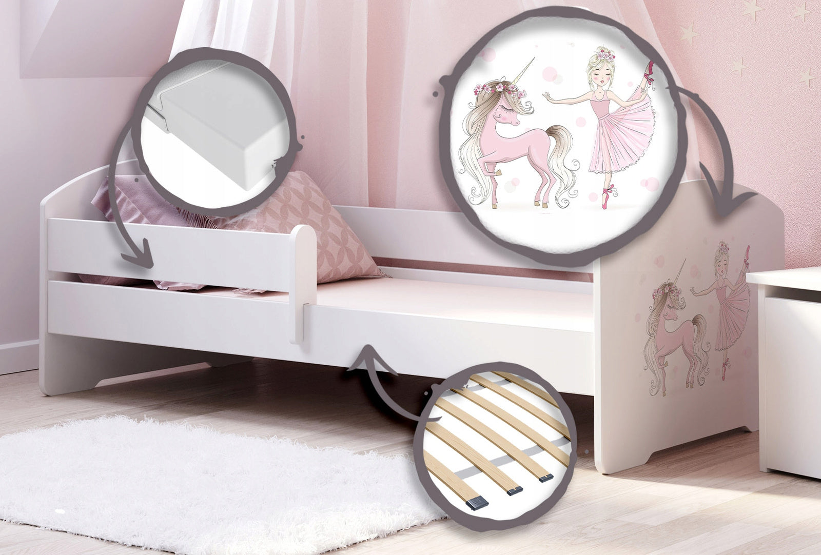 LUK children's bed 160x60 with railing - Girl with unicorn