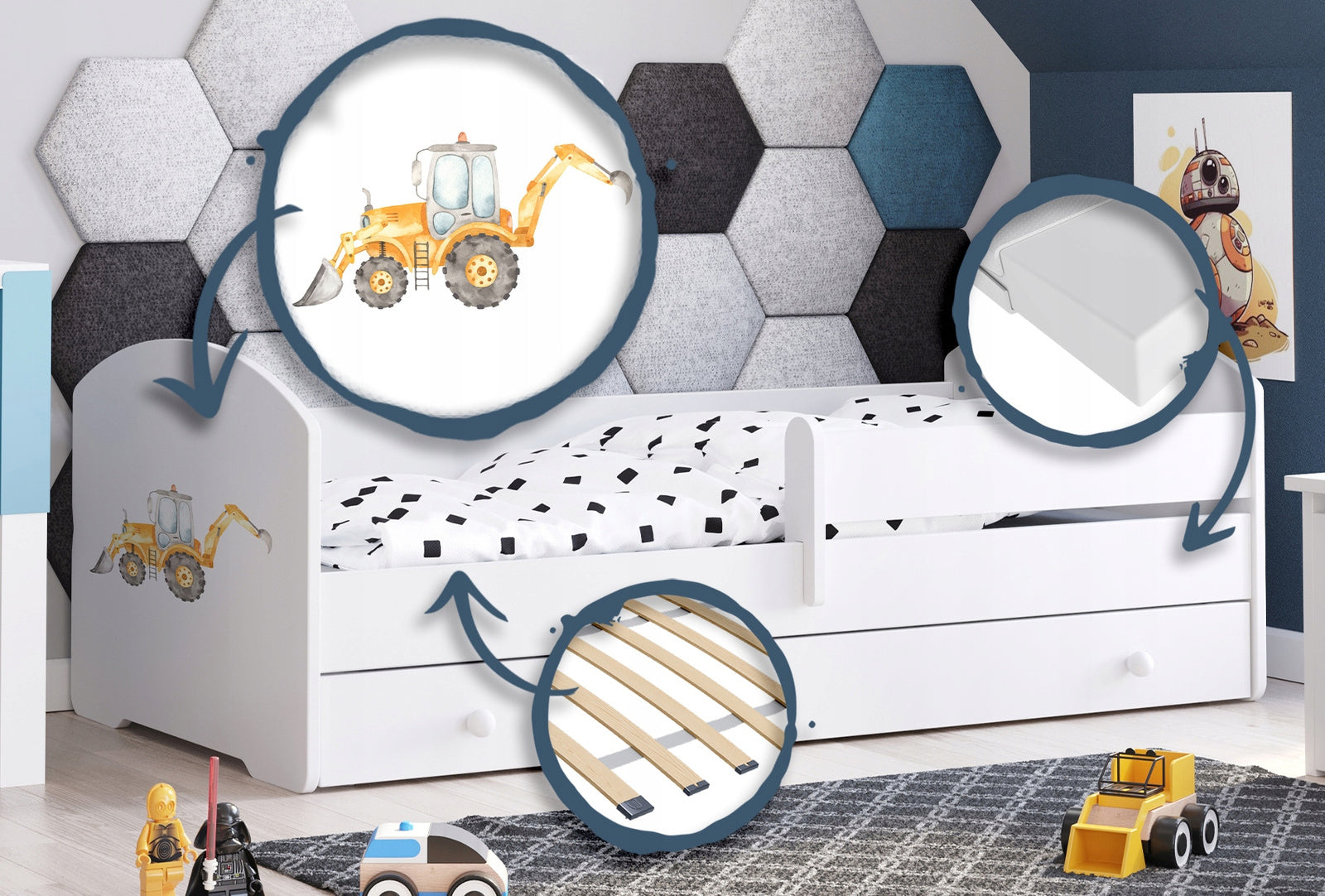 Children's bed Luk 140x70 with drawer - Excavator