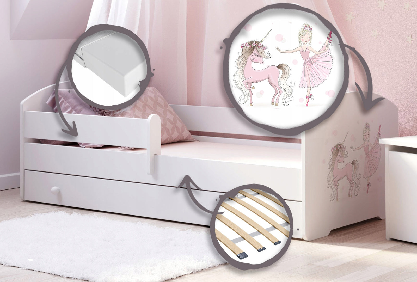 Children's bed Luk 140x70 with drawer - Girl with unicorn