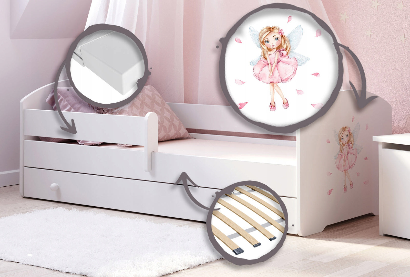 Children's bed Luk 160x80 with drawer - Girl with wings