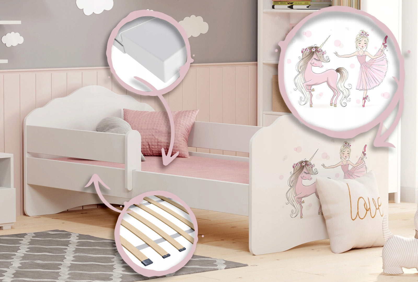 FALA 140x70 children's bed with railing - Girl with unicorn