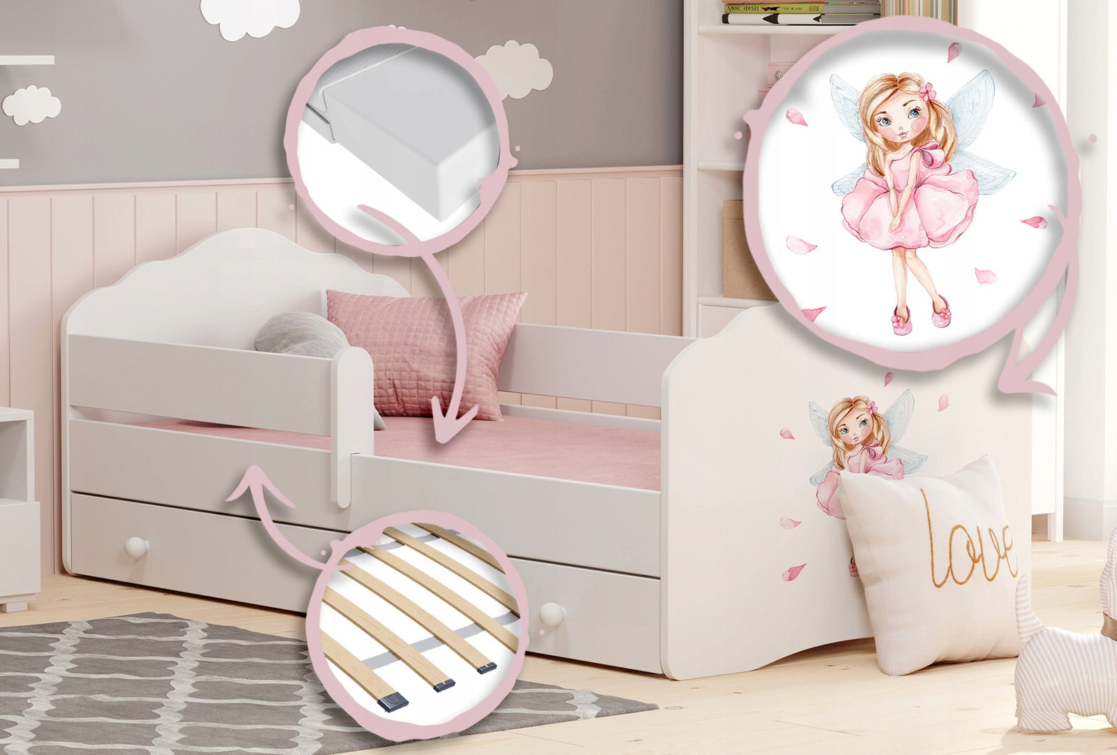 FALA children's bed 140x70 drawer - Girl with wings