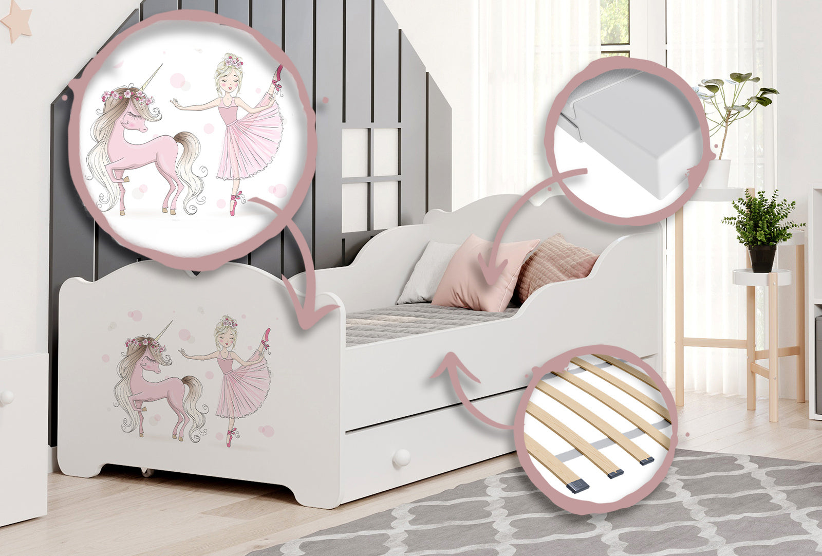 Anna children's bed 140x70 with drawer - Girl with unicorn