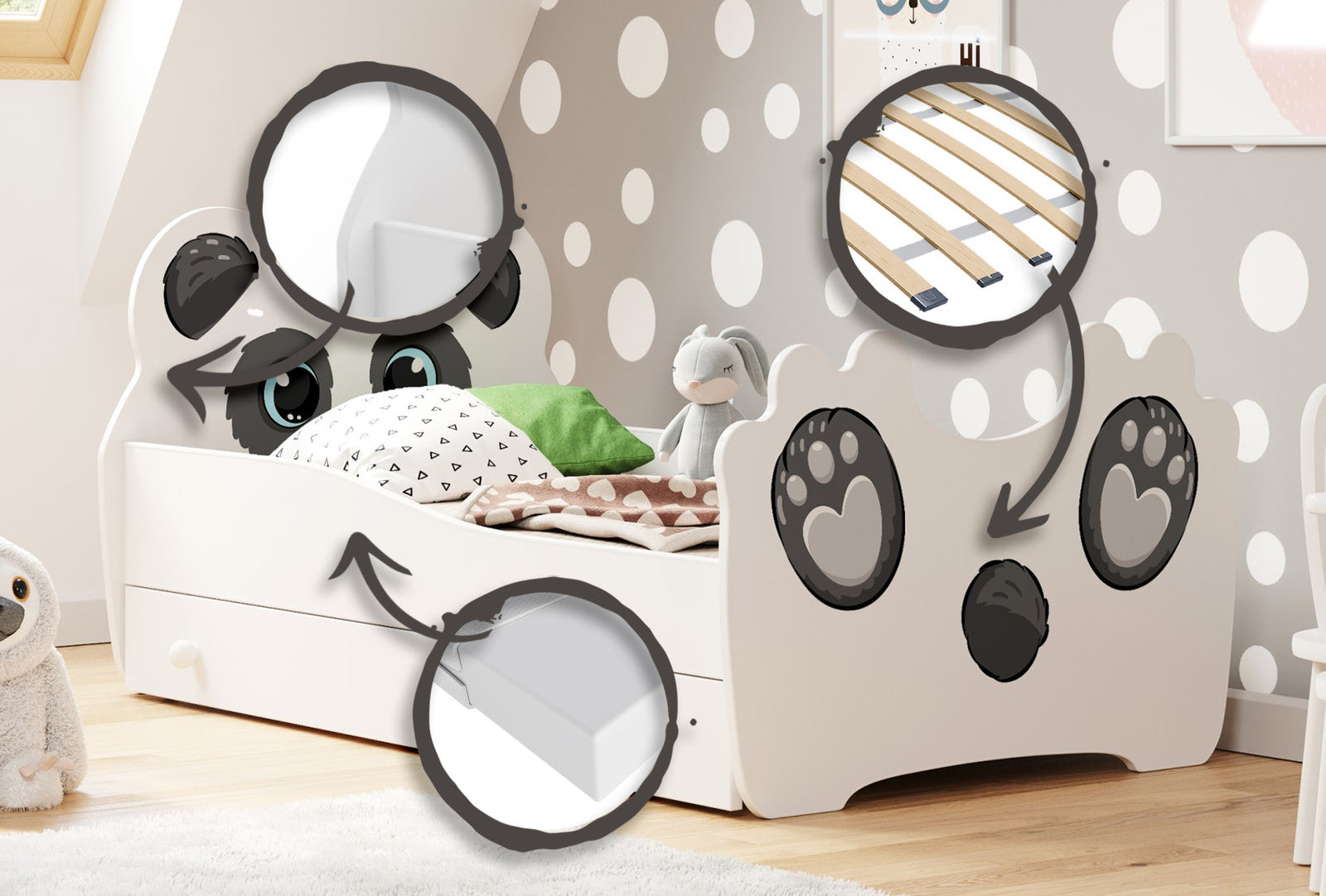Panda children's bed 140x70 with drawer