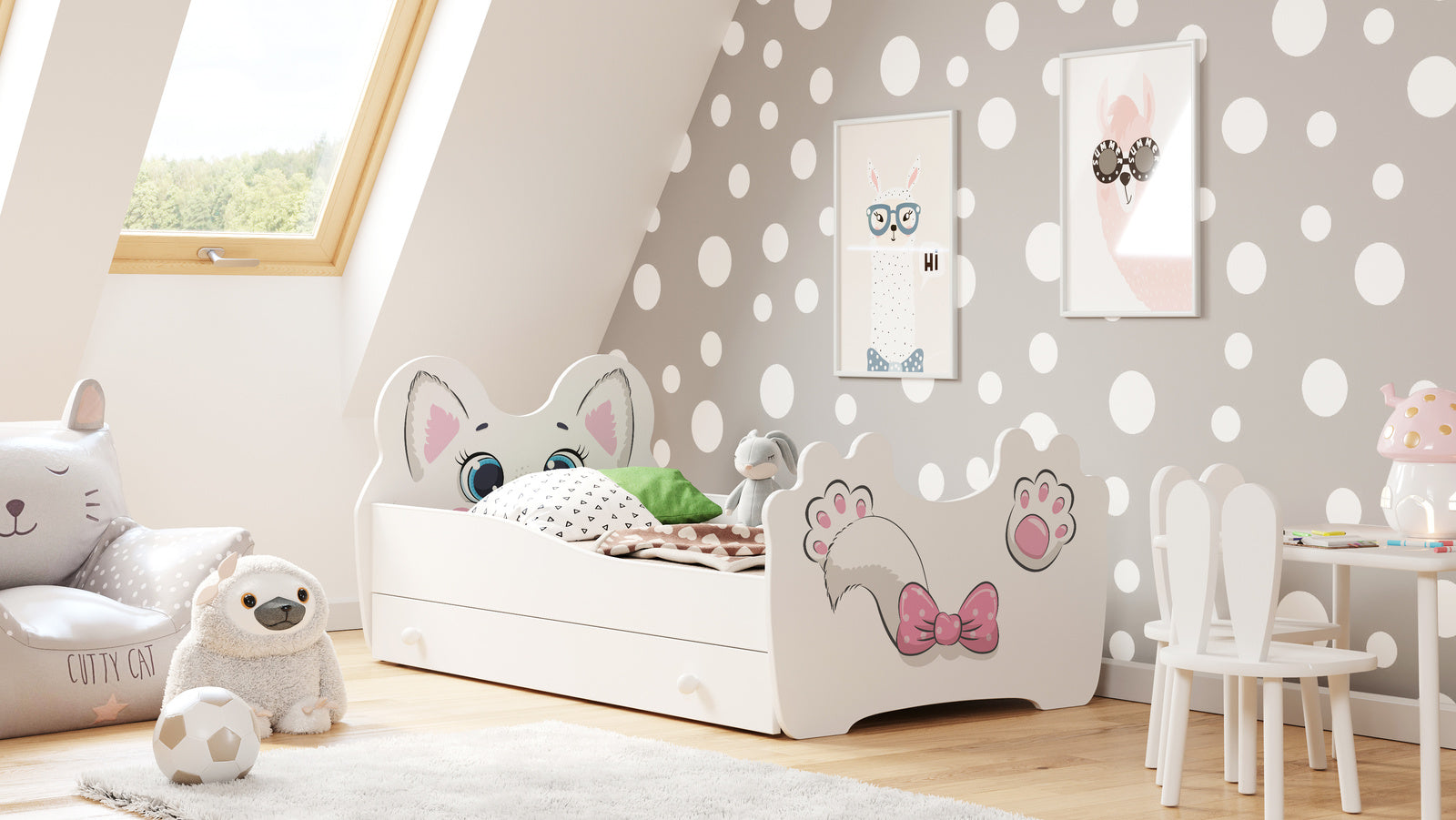 Pink Cat children's bed 160x80 with drawer