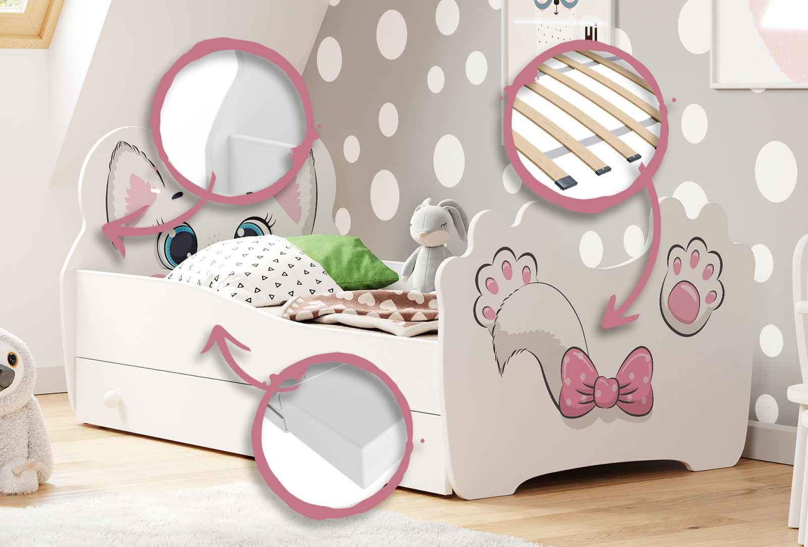 Pink Cat children's bed 160x80 with drawer